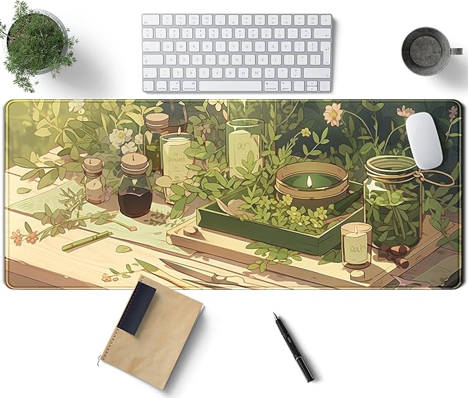 Green Gardener Desk Mat Anime Forest XL Gaming Mouse Pad Plant Lover Desk Pad with Stitched Edges, Women Desktop Decor Mousepad Laptop Computer Keyboard and Mouse Mat Desk Accessories 31.5x11.8 in