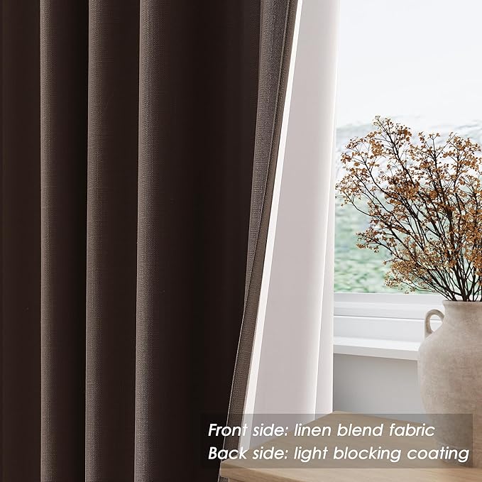 Nanspring Coffee Linen Blackout Curtains 72 inch Length for Living Room Boho Farmhouse Back Tab Rod Pocket Thermal Insulated Textured Living Room Blackout Curtains 2 Panels Set 52x72 Inch