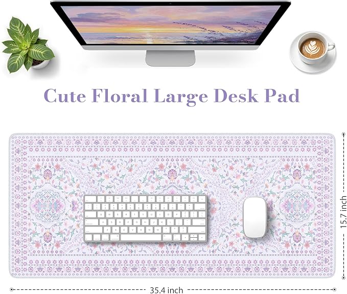 HAOCOO Elegant Floral Desk Mat, Cute Purple Mousepad Home Decor, 35.4" x 15.7" Large Keyboard Pad, Aesthetic Flower Desktop Mat Office Accessories, Waterproof Teacher Desk Pad Mat for Work, Study