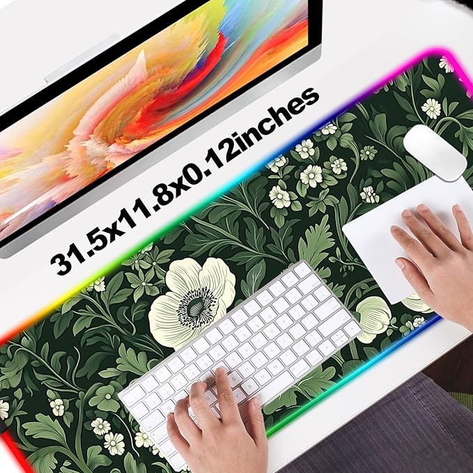 RGB Green Plant Wildflower Gaming Desk Mat, Computer Keyboard Large Extended Long Floral LED Mouse Pad for Office and Home, XL (W26)