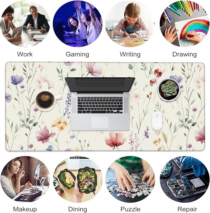 Desk Pad, Watercolor Floral Flowers Leaves XXL Gaming Mouse Pad with Stitched Edges,Non-Slip Waterproof Rubber Base Large Desk Mat for Keyboard and Mouse 35.4"x15.7"