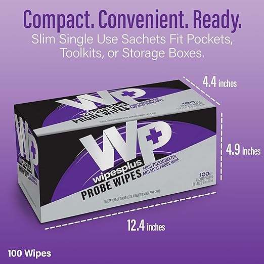 WIPESPLUS Probe Wipes Food Thermometer Wipes, Meat Probe Wipes with Individual Sachets for Home and Business, 1000 Count, (10 Packs of 100 Sachets)