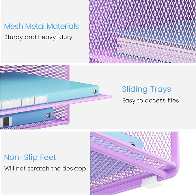 Lavatino Desk Paper File Organizer - Metal Mesh with 2 Letter Trays, 7 Flexible Dividers, 2 Vertical File Folder Holders for Office/Home/Classroom Supplies, Desk Organizers and Accessories, Purple