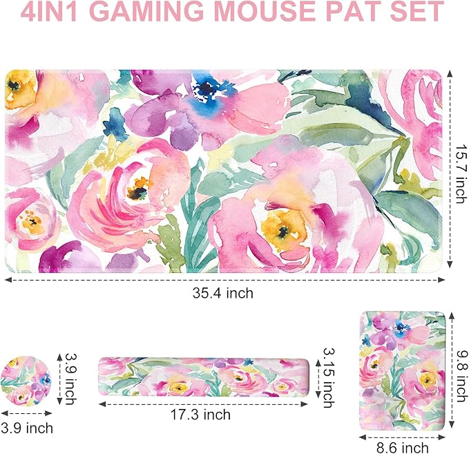 iCasso Mouse Pad with Wrist Rest,Large Desk Mat Set,Ergonomic Keyboard Pad with Wrist Support,Non-Slip Mouse Mat for Women,Cute Floral Computer Mat for Home Office Gaming (Watercolor Flowers)