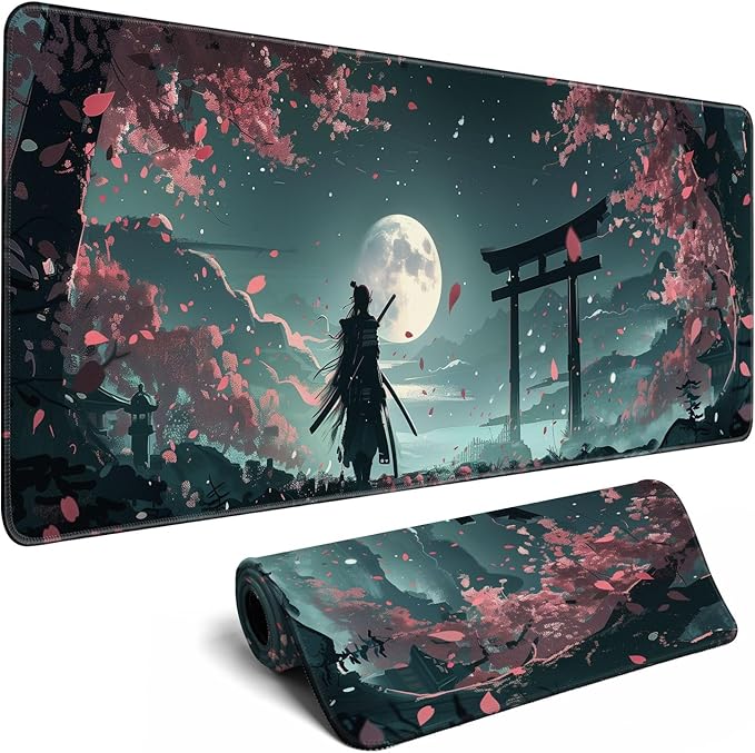 MiaVibte Japanese Full Moon Mouse Pad - Large Gaming Mouse Pad for Computer Keyboard Laptop, Desk Decor Home Office Accessories (31.5x11.8 in), Samurai Desk Mat, Pattern 15