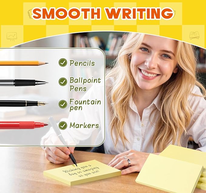 8 Pads Large Sticky Notes Yellow 3 x 5 in,800 Sheets Self-Stick Notes Pads, Super Adhesive Recyclable Sticky Pads for Office, School Supplies, Home, Meeting, to Do Lists,Clean Removal