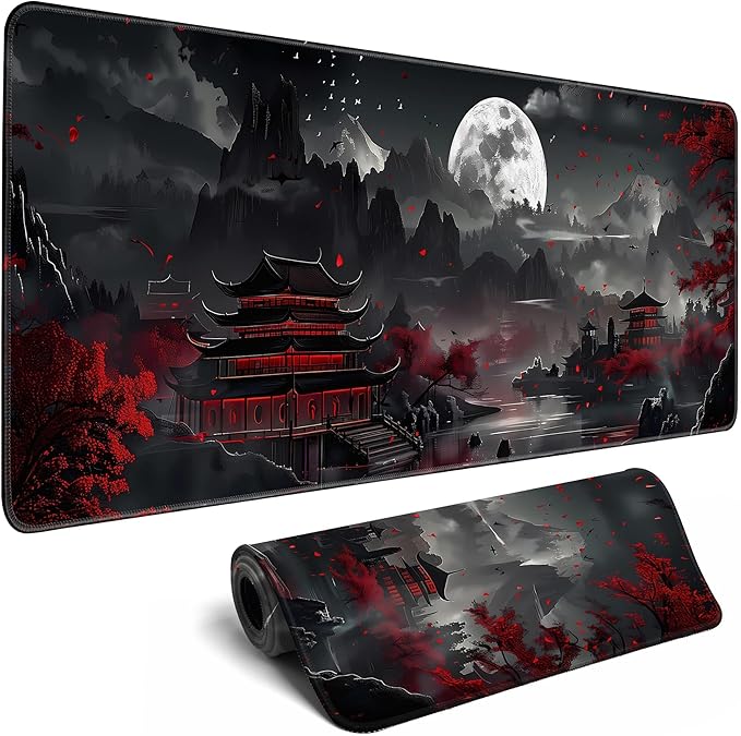 Japanese Desk Mat Riverside Full Moon Large Mouse Pad Gaming Mousepad Extended XL Keyboard Mat Computer Laptop Mouse Desktop Mat 31.5 X 11.8 Desk Decor