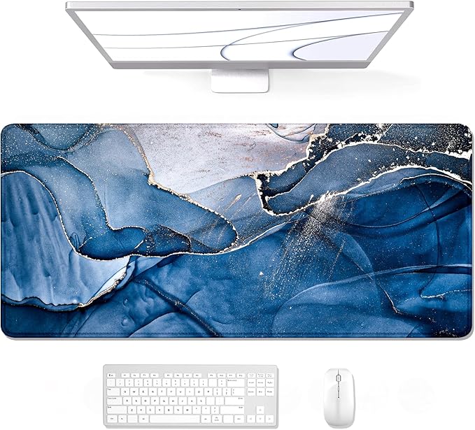 Auhoahsil Large Mouse Pad, XXL Desk Pad, Extened Mousepad 31.5" x 11.8", Non-Slip Rubber Base, Stitched Edges, Superior Surface, Gaming Keyboard Mat, Waterproof Desk Pad, Ink Navy Marble