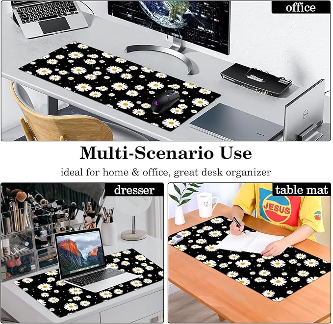 White Daisy Daisy Pad Protector, Stitched Edges Mouse Pad, Large Office Mat, Non-Slip Desk Blotter, Laptop Desk Pad, Flower Writing Pad for Office and Home (31.5" x 15.7")