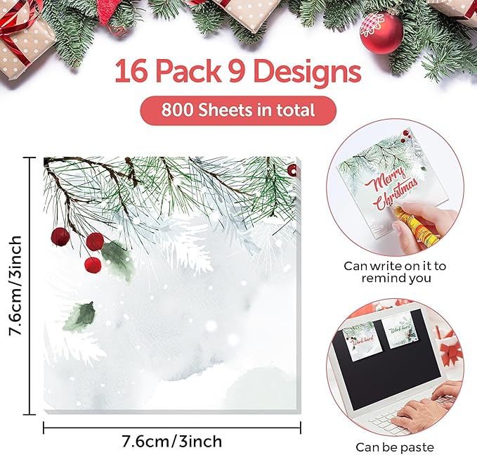 9 PCS Christmas Sticky Note Set - Cute Self Adhesive Memo Notepads for Xmas Winter Holiday Party School Work Study Supplies Kids Gifts, 450 Sheets