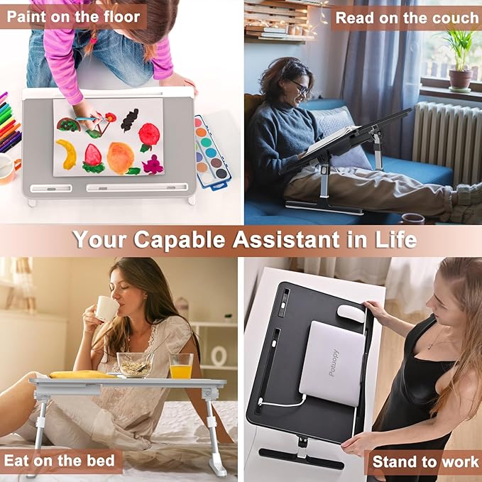 Laptop Bed Table, Potuopy Adjustable Leather Computer Lap Desk, Wide X-Large Folding Bed Desk Tray with Drawer on Couch Floor Bed for Writing Eating Drawing Working, Black