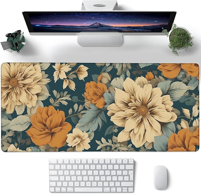 Desk Pad, Vintage Aesthetic Flower XXL Gaming Mouse Pad with Stitched Edges,Non-Slip Waterproof Rubber Base Large Desk Mat for Keyboard and Mouse 35.4"x15.7"