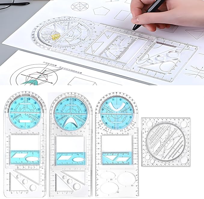 4 Pcs Multifunctional Geometric Ruler,Math Measuring Rulers for Drawing and Art,Metric Ruler Drawing Tool for School Office Supplies and Build