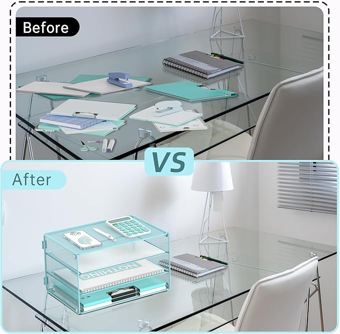 DALTACK 3 Tier Letter Tray Paper Organizer Mesh Metal Desk File Organizer for Home & Office, Light Blue