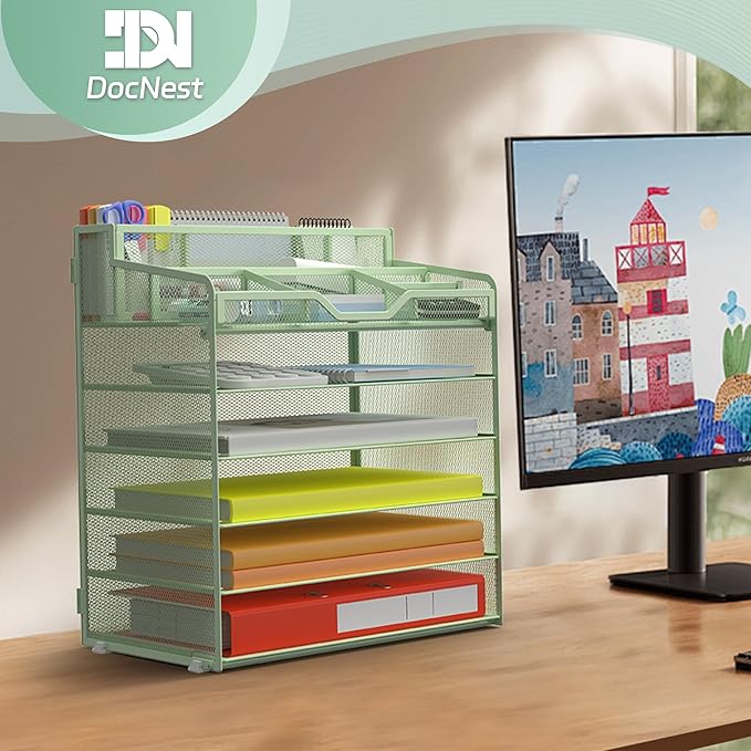 Docnest 6 Tier Mesh Desk Organizer for Paper Office Supplies – Multi-Functional Letter Tray with 5 Adjustable Compartments, 3 Pen Holders, Desktop Storage for Files, Mail, Stationery – Green