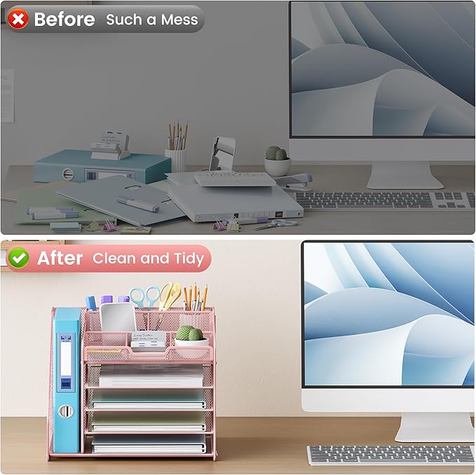 Lavatino Desk Organizer, 5-Tier Metal Mesh Paper Letter Tray with File Holder & 7 Flexible Dividers for Office or Home Desk Organizers and Accessories, Keep Workspace Supplies Neat & Organized, Pink