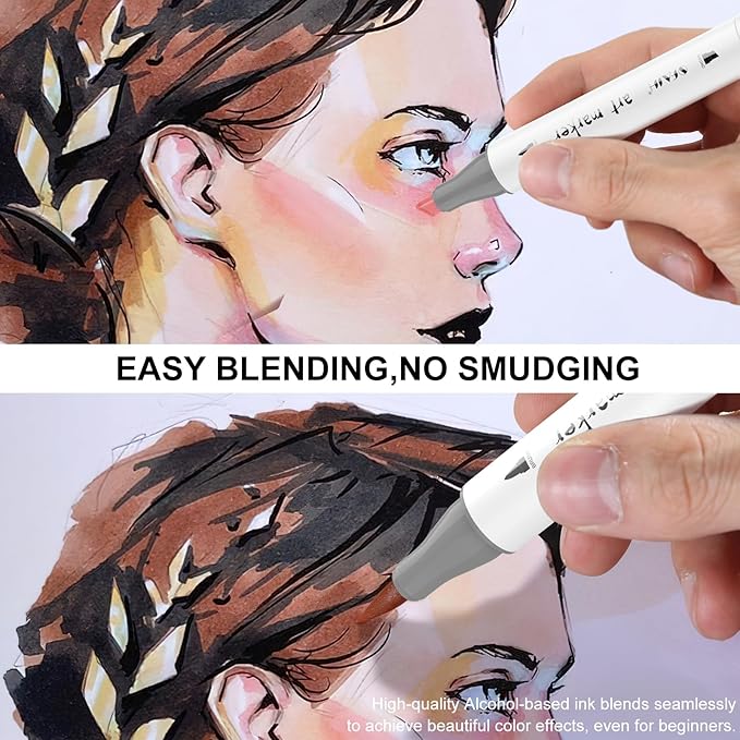 SFAIH Skin Tone Alcohol Markers Brush & Chisel - 25 Portrait Color Markers for Drawing, Coloring - Fast-Drying, Blendable Ink Marks for Artist Adults - Refillable Ink