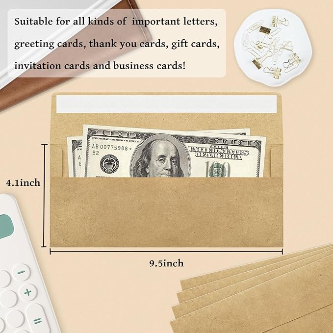 50 Pack #10 Business Envelopes, Brown Kraft Standard Envelopes Self Seal, Letter Size Mailing Envelopes for Checks Letters Invoices Christmas Birthday Graduation Wedding, 4 1/8 x 9 1/2 Inch