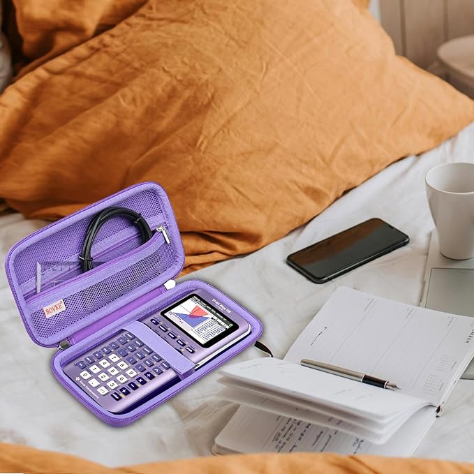 BOVKE Hard Travel Case for Texas Instruments TI-84 Plus CE/TI-84 Plus/TI-83 Plus CE/TI-83 Plus/Casio fx-9750GIII Graphing Calculator, Mesh Pocket for USB Cables, Manual, Pens, Accessories, Purple
