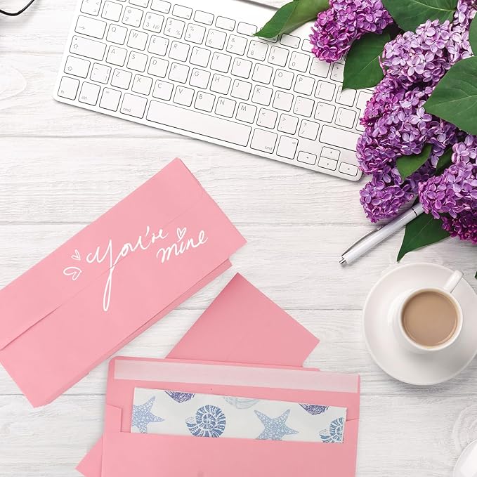 50 packs #6 3/4 Business envelopes, pink envelopes, self-sealing standard envelopes, suitable for personal and business, checks, mailing letters, invoices (3-5/8 X 6-1/2 Inches)