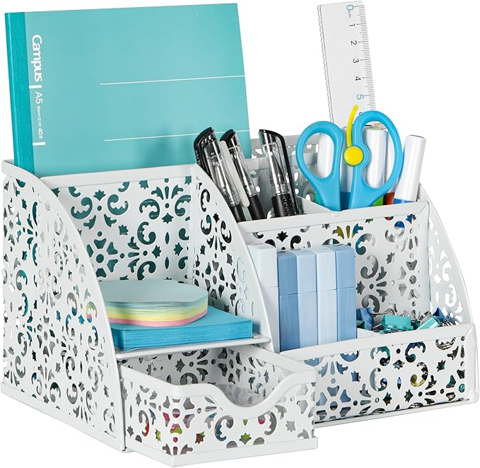 EasyPAG Pen Holder Desk Organizer with Drawer Pencil Cup for Desk 6 Compartments Metal Office Caddy Storage with Sticky Notes Holder for School Home Office, White