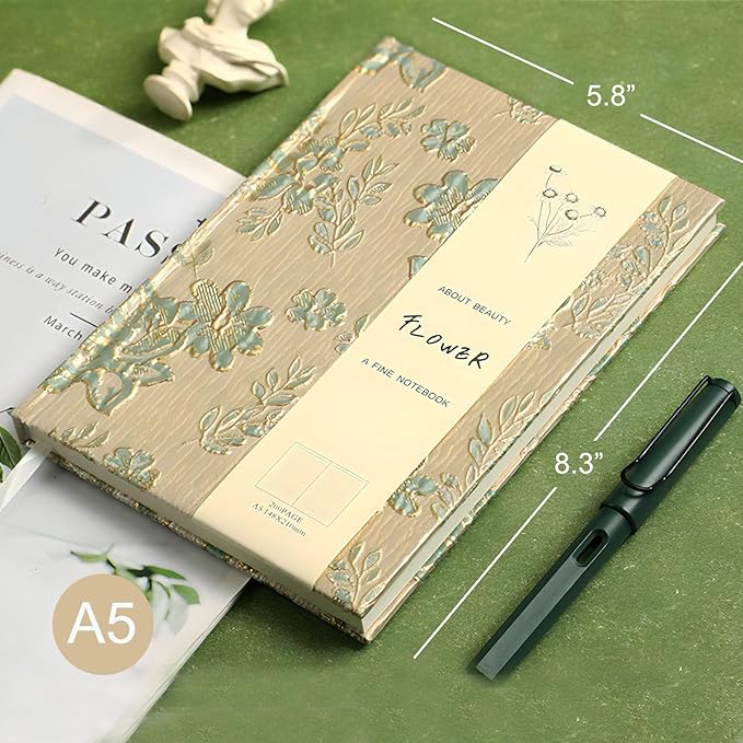 Flower Notebook, Hardcover, Lay Flat, A5, 6x8, Wide Ruled Pages, Writing Journal for Women, Pretty Notebook, Recipe Journal, Garden Journal, Gratitude Journal, Plum Blossom, Green