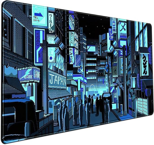 Japanese Gaming Arcade Blue Large Gaming Mouse Pad Keyboard Desk Pad Extended Mouse Pad Gaming Office Decor, Pc Laptop Mouse Pads Large (31.5x15.7 in) with Stitched Eges Non-Slip Base Mousepad XXL