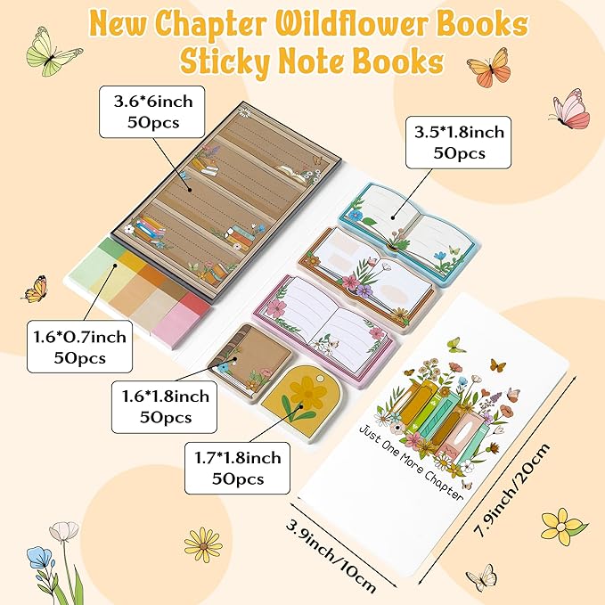 B1ykin Sticky Notes Set, Cartoon Theme Cute Self-Stick Notes Pad Teacher Appreciation Gifts， Self-Adhesive Writing Memo Pages Sticky to Do Notepad Reading Gift for School Graduation(Wildflower)