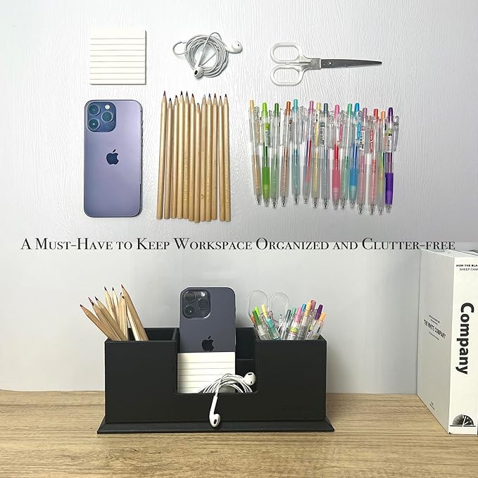 UnionBasic Desk Organizer, Desktop Caddy Leather Multi-compartment Pen Holder Office Stationer Organizer, Black