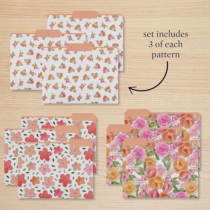 Steel Mill & Co Cute File Folders, Set of 9, Document Organizer for Filing Cabinet, Decorative Letter Size Files, Full Posey/Scattered Posey/Bold Floral