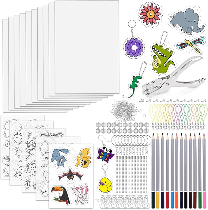 GOLDGE 218 Pcs Shrink Plastic Sheets Kit, for Kids and DIY Keychain Making Kit: 15 Plastic Sheets, Keychains, Hole Punch, and Pencils for Creative Crafts