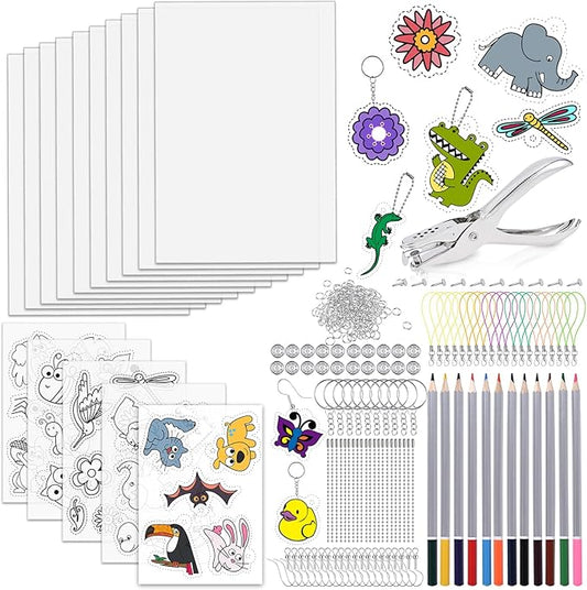 GOLDGE 218 Pcs Shrink Plastic Sheets Kit, for Kids and DIY Keychain Making Kit: 15 Plastic Sheets, Keychains, Hole Punch, and Pencils for Creative Crafts