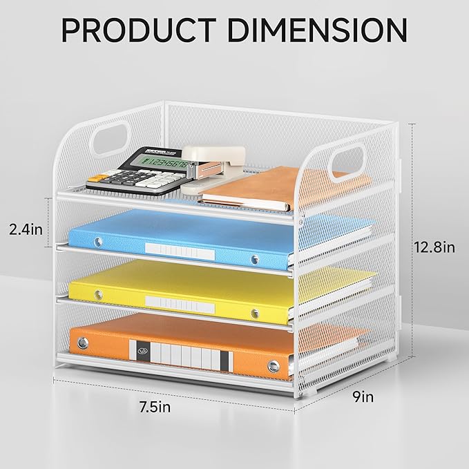Lavatino Paper Organizer for Desk, 4-Tier Desk Organizer Tray, Mesh Desktop File Organizers with Handle, Office Classroom Organization and Storage-White