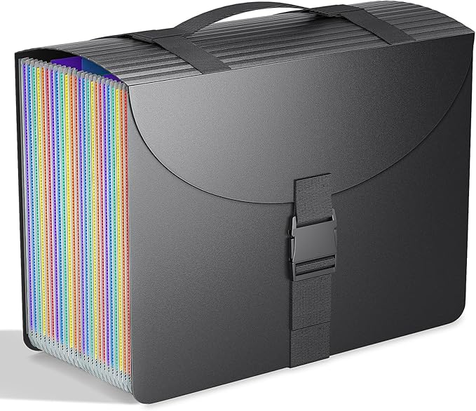 Marati 25 Pockets Expanding File Folders with Handle,Accordion File Organizer,Portable Filing Box,Colored Tabs for Document Paper,A4/Letter Size,Black