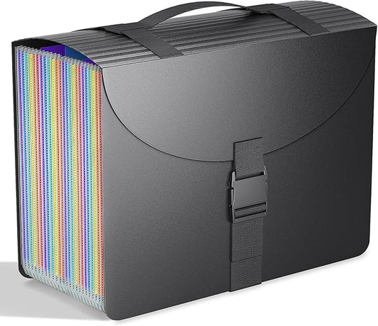 Marati 25 Pockets Expanding File Folders with Handle,Accordion File Organizer,Portable Filing Box,Colored Tabs for Document Paper,A4/Letter Size,Black