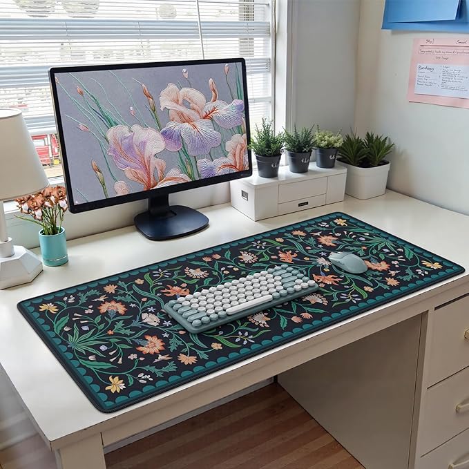 HAOCOO Navy Blue Iris Desk Mat, Large Mouse Pad, Non-Slip Keyboard Mat, Water-Resistant Computer Pad with Edge Stitching, Vintage Floral Desk Cover Mat, Desk Protector for Office, Home
