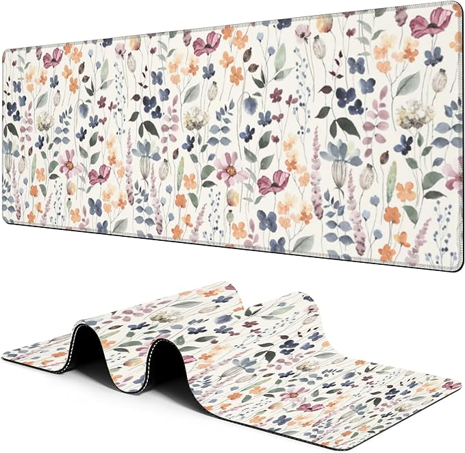 Large Gaming Mouse Pad for Desk Watercolor Flowers Big Desk Mat Extended Mousepad with Stitched Edge and Non-Slip Base Long Computer Keyboard Mouse Mat for Home Office Work, 11.8 x 31.5 Inch