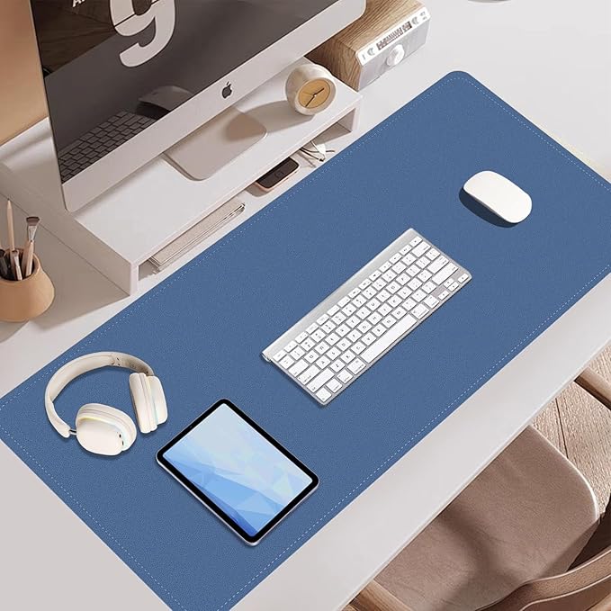 Large PU Leather Desk Pad Protector, Non-Slip Computer Mat, 55'' x 17'' Office Mat for Home & Office, Laptop Blotter Pad for Mouse and Keyboard, Lake Blue