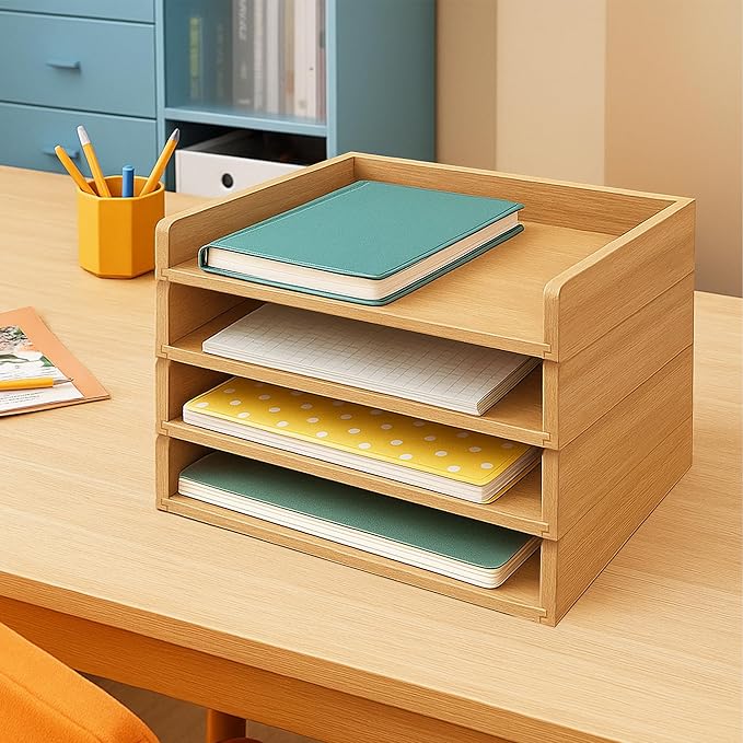 Prolee Stackable Paper Tray,Wooden Paper Organizer for Desk with 4 Letter Trays,Papers Holder and Office Document Organizer Shelf for Mail File Document(Oak,14" x 9.5" x 2.5")