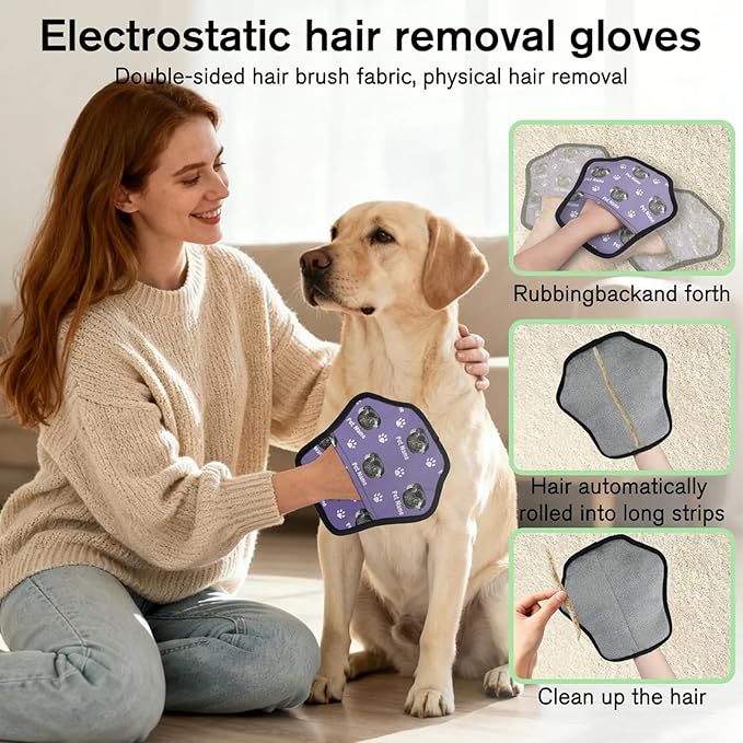 Personalized Pet Hair Remover Glove for Dogs & Cats - Custom Photo & Name Magic Brush for Dog Cat Hair Removal, Reusable Electrostatic Pet Hair Gloves for Furniture Carpet Couch, Face Paw Purple