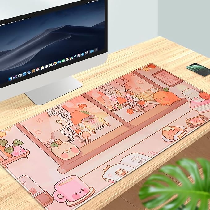 Cute Anime Desk Mat Large Kawaii Mouse Pad Coffee Shop Gaming Mousepad XXL Extended Autumn Pumpkin Themed Desk Pad Computer Laptop Keyboard Mouse Mat Desk Decor 31.5x15.7 in