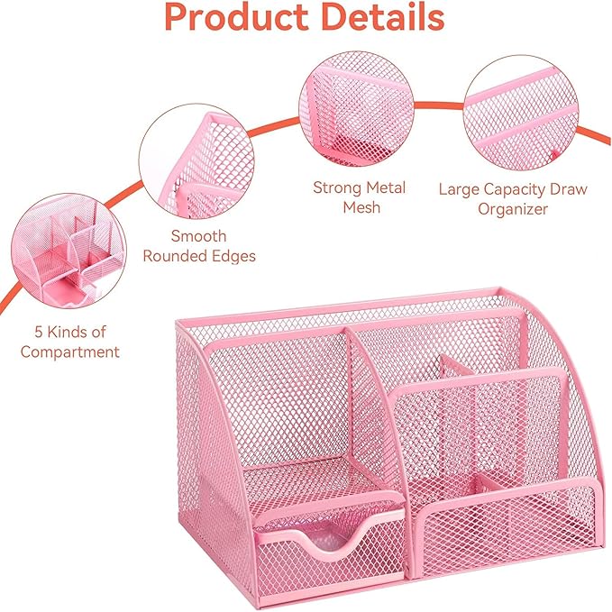 Pink Mesh Pen Holder and Organizer Office Supplies with 7 Compartments, Desktop Organizer with Drawer, Metal Pen Holder for Desk, ‎9.1" x 5.9" x 5.5''