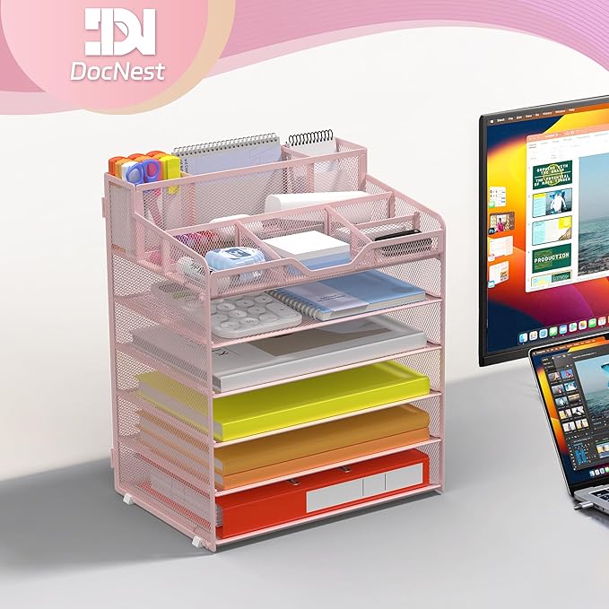 Docnest 6 Tier Mesh Desk Organizer for Paper Office Supplies – Multi-Functional Letter Tray with 5 Adjustable Compartments, 3 Pen Holders, Desktop Storage for Files, Mail, Stationery – Pink