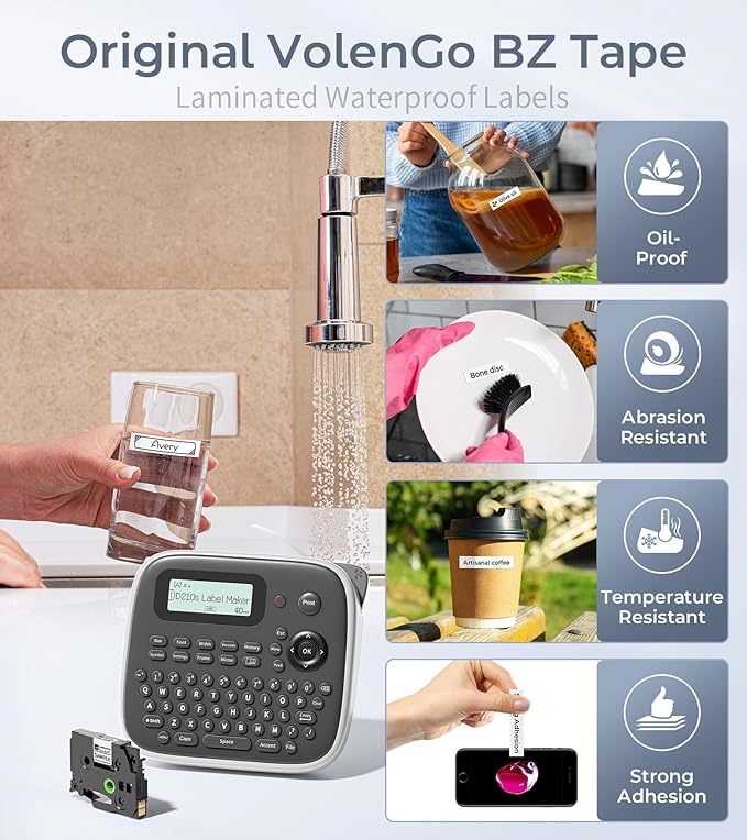 D210s Label Maker Machine with 4 Tapes, Label Maker Waterproof-Labels Bundle, Labeler Machine with Tapes 12mm 0.47 Laminated White, Inkless Labeling Machine for Office & School Supplies