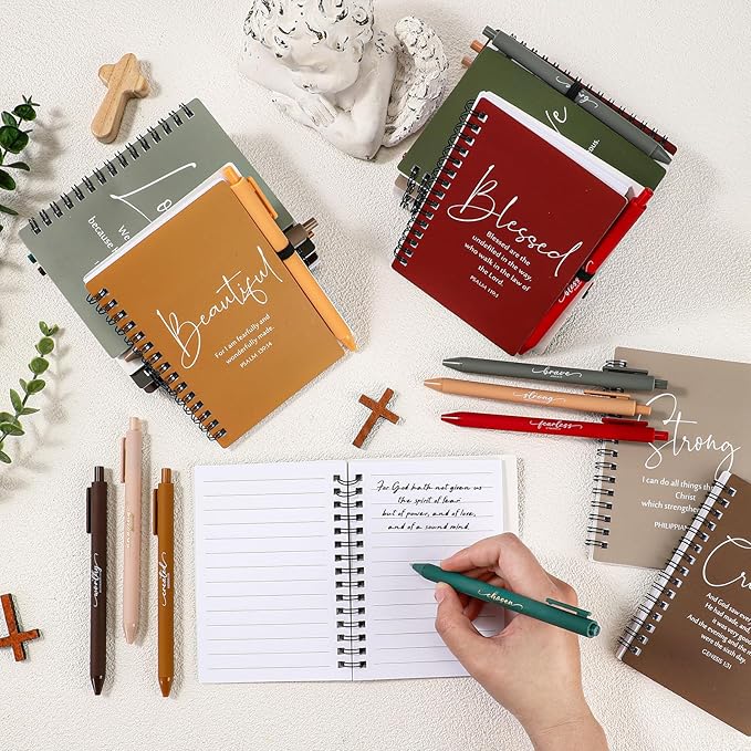 Kosiz 12 Sets Inspirational Christian Gifts Bulk Christian Notebooks Prayer Journals with Pens Spiral Bible Journals Religious Gifts for Church Grandparent Pastors Day Sunday School (Retro Color)