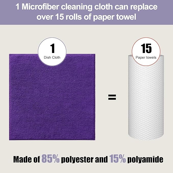Kitinjoy 24 Pack Microfiber Cleaning Cloth(12 x 12 Inches, Purple), Ultra Soft and Absorbent Cleaning Rags, Reusable and Non-Linting dust Removal Cleaning Cloths for Car, House, Kitchen