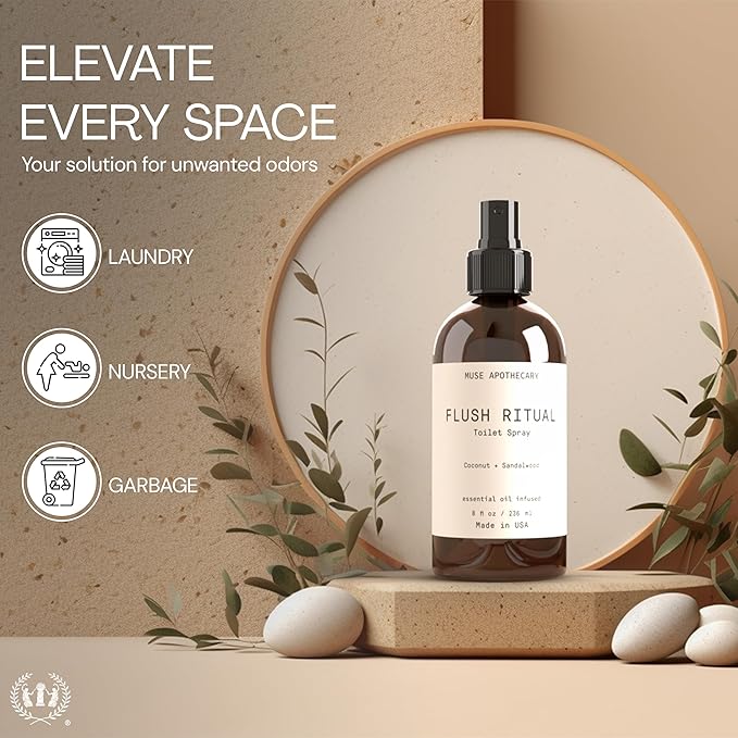 Muse Apothecary Flush Ritual - Aromatic & Refreshing Toilet Spray, Use Before You Go, 2 oz, Infused with Natural Essential Oils - Coconut + Sandalwood