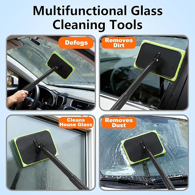 Miunice Windshield Cleaner Tool with 6 Reusable Magic Fiber Pads & Spray Bottle, Removable Handle Car Window Wiper Kit for Interior/Exterior Glass, Trucks, SUVs, RV (Dry & Wet Use)