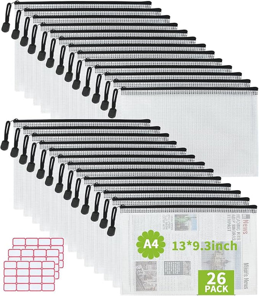 Vuzvuv 26pcs A4 Size 13"x 9.3" Mesh Zipper Pouch Zipper Bags,Document File Folders with Label Sticker,Waterproof Plastic Mesh Bag for File, Makeup, Board Game School Office Home Travel Storage