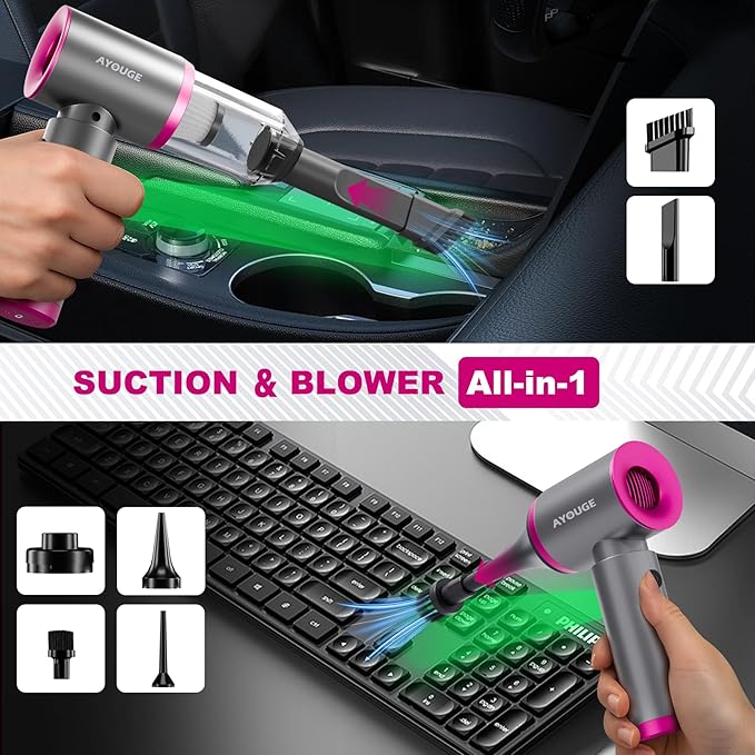Car Vacuum Portable Cordless, 20000PA High Power Vacuum Cleaner, Brushless Motor, 3-Speed Modes, 4 in 1 Compressed Air Duster, Air Blower, Pump Handheld Vacuum with LED for Car, Home, Office, Camping